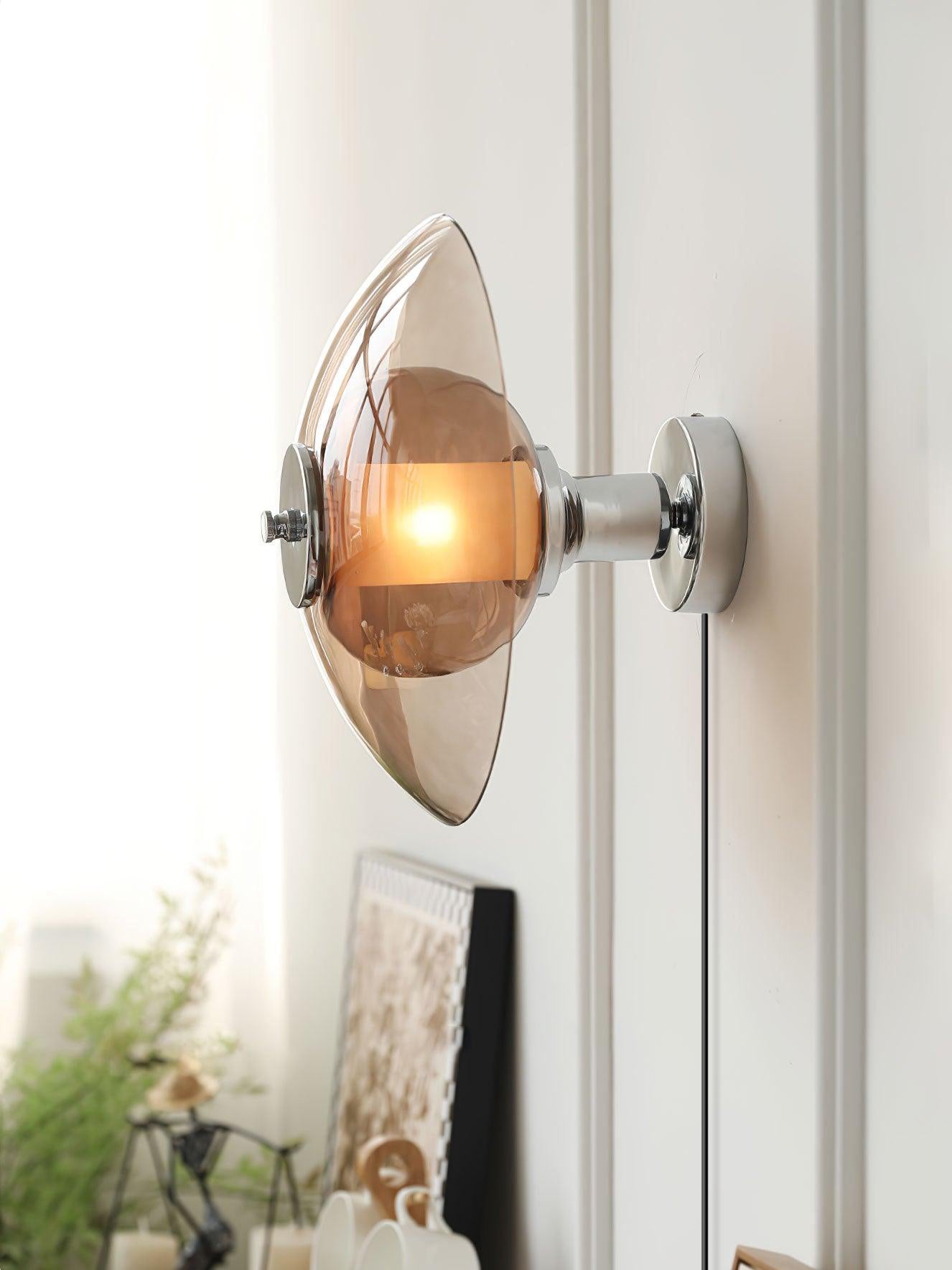 Flying Saucer Amber Glass Wall Sconce Modern Chrome Plug In Lighting