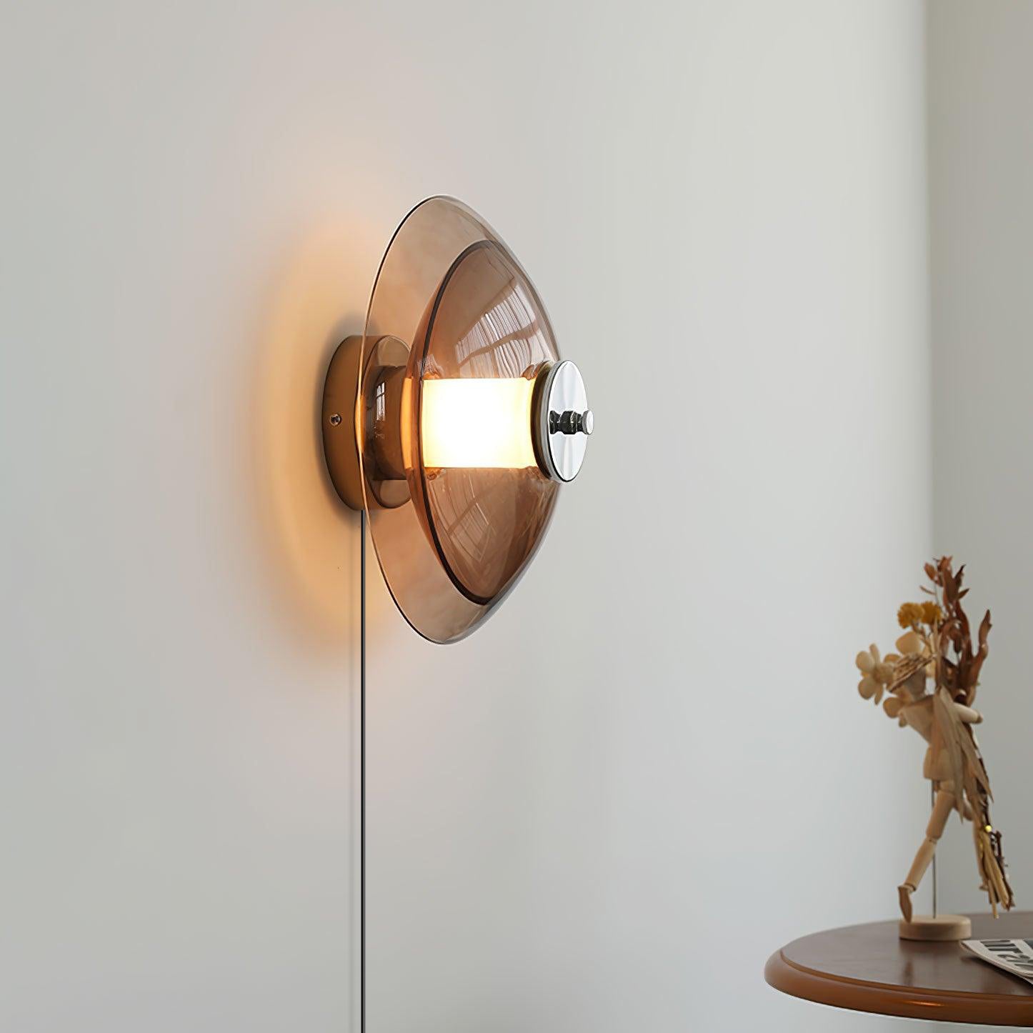 Flying Saucer Amber Glass Wall Sconce Modern Chrome Plug In Lighting