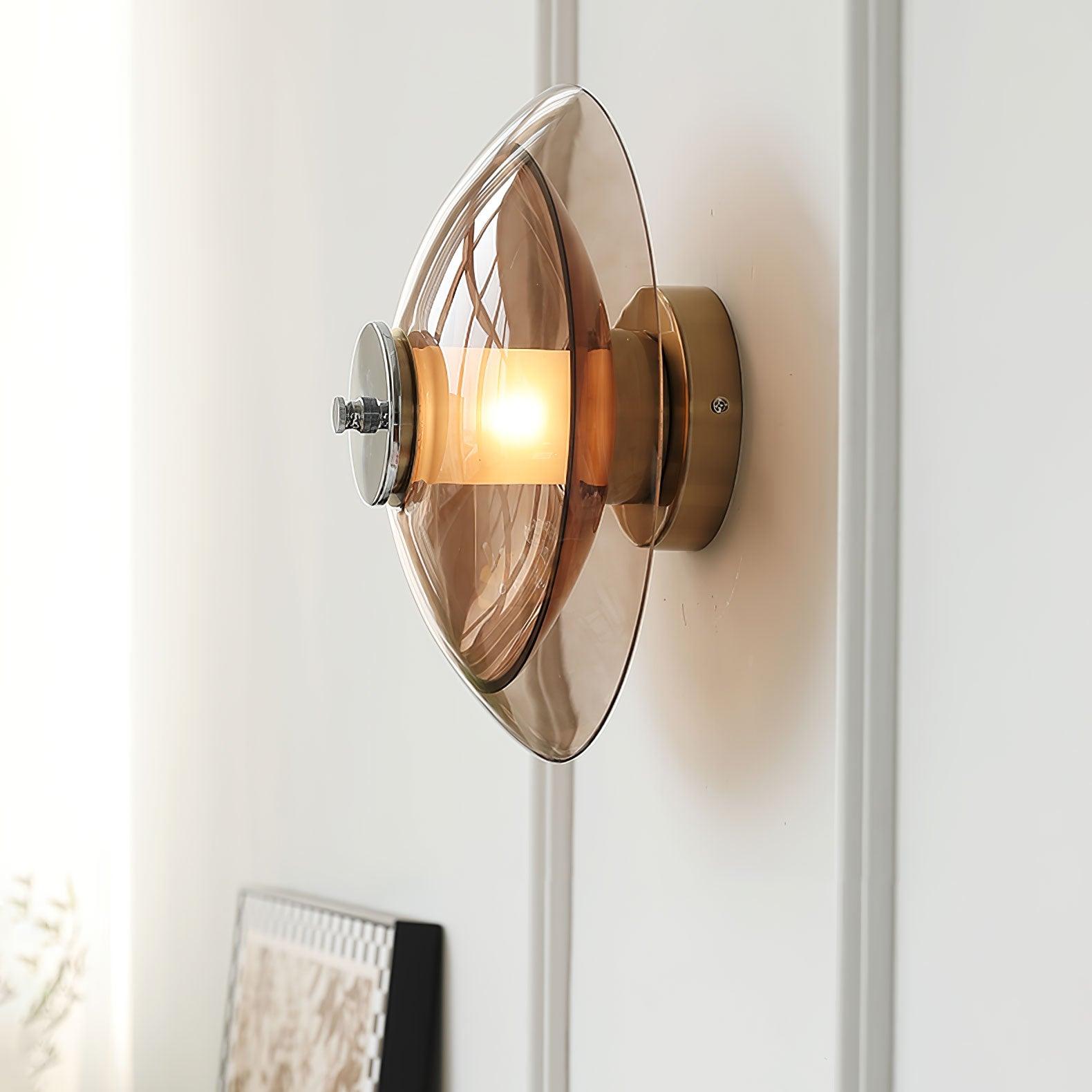 Flying Saucer Amber Glass Wall Sconce Modern Chrome Plug In Lighting