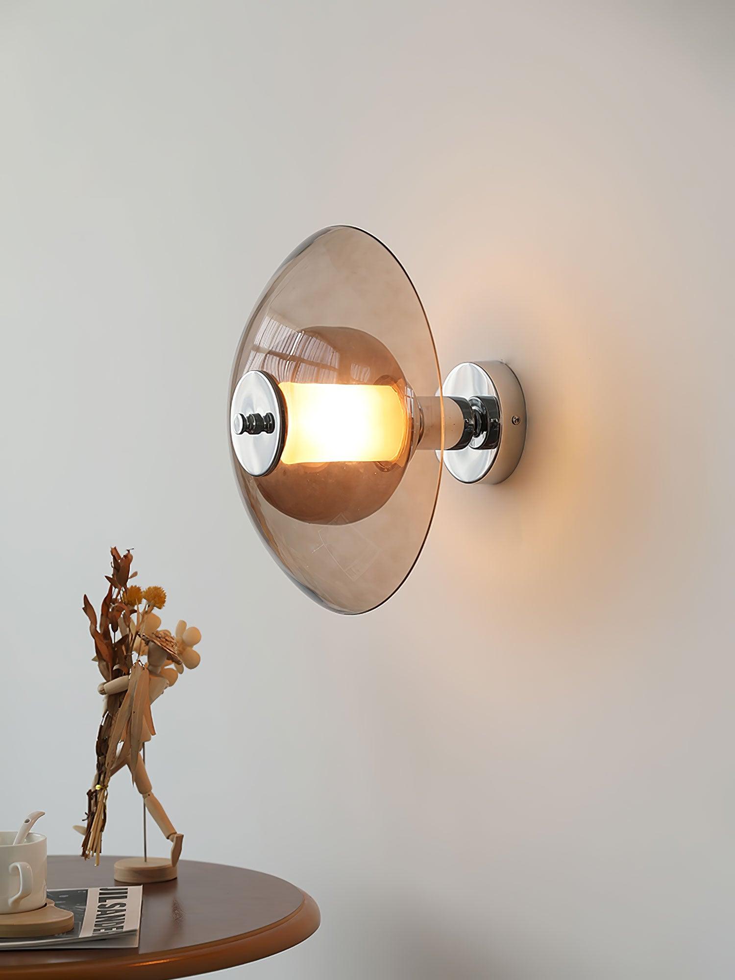 Flying Saucer Amber Glass Wall Sconce Modern Chrome Plug In Lighting