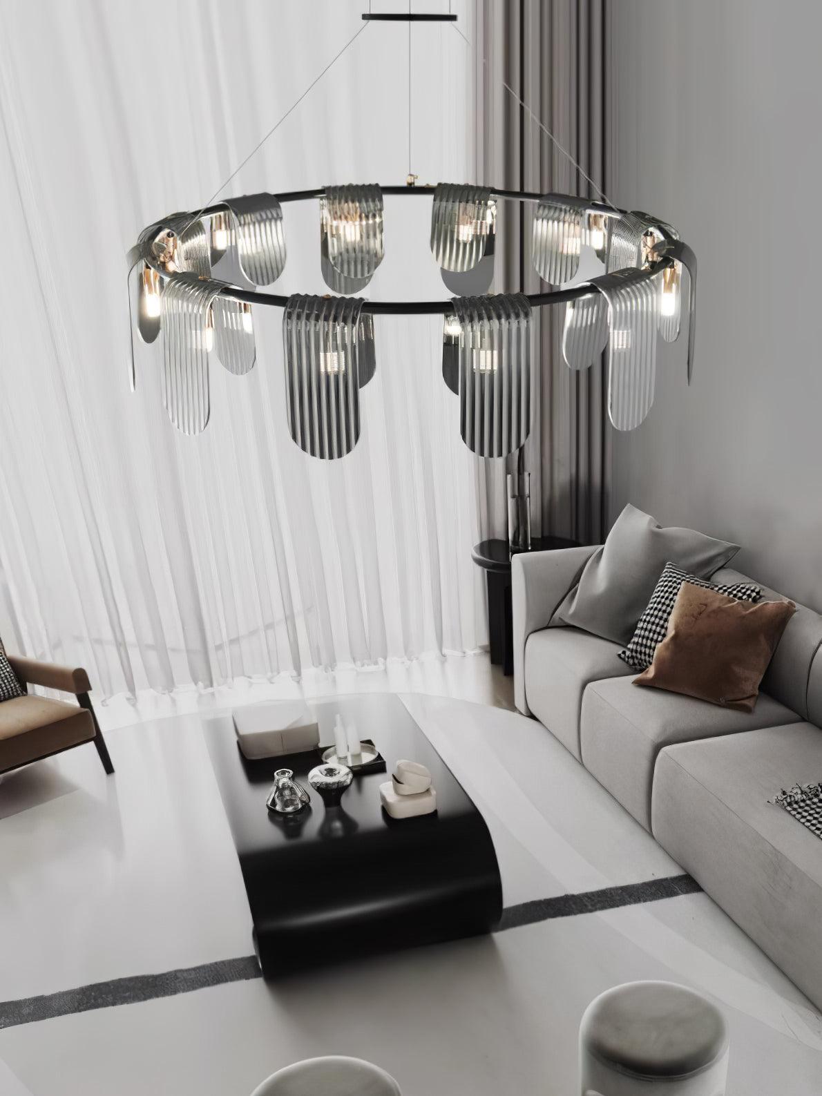Folioles Modern Brass Gasolier Chandelier with Smoke Gray Glass Shades for Elegant Interiors