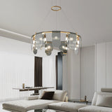Folioles Modern Brass Gasolier Chandelier with Smoke Gray Glass Shades for Elegant Interiors
