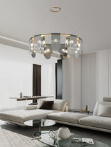 Folioles Modern Brass Gasolier Chandelier with Smoke Gray Glass Shades for Elegant Interiors
