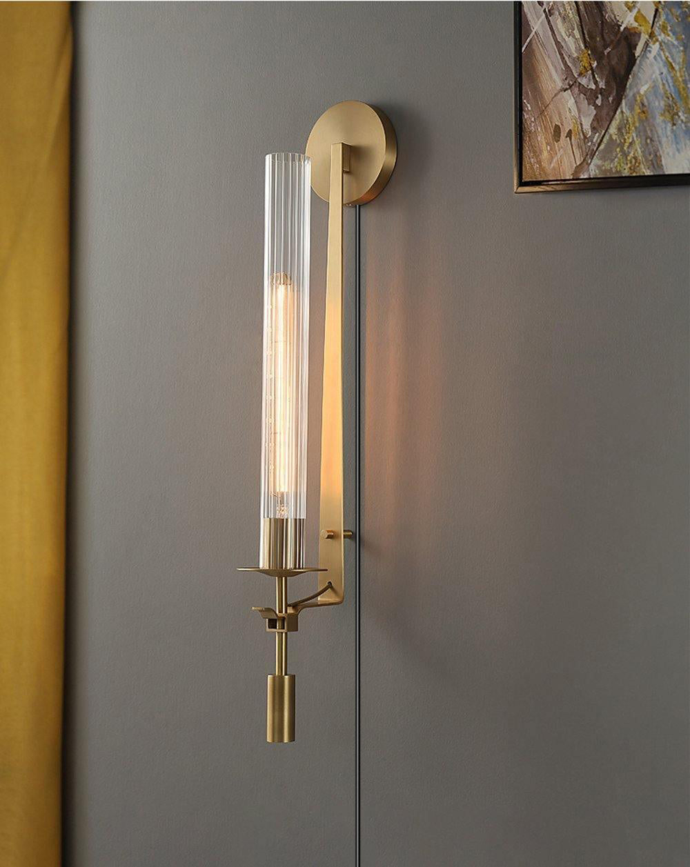 French Classic Brass Wall Sconce with Clear Ribbed Glass and Plug In Cord for Bedroom