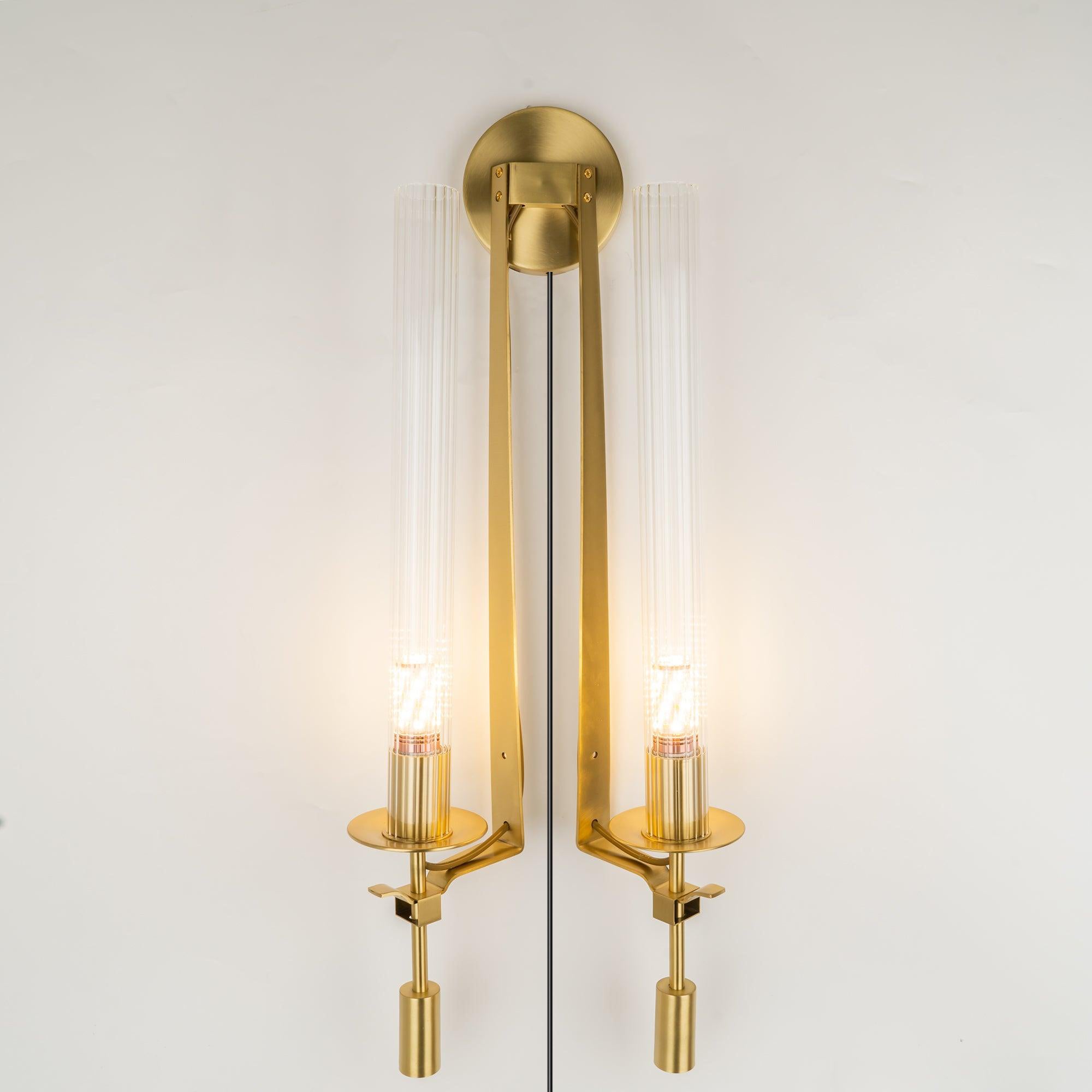 French Classic Brass Wall Sconce with Clear Ribbed Glass and Plug In Cord for Bedroom