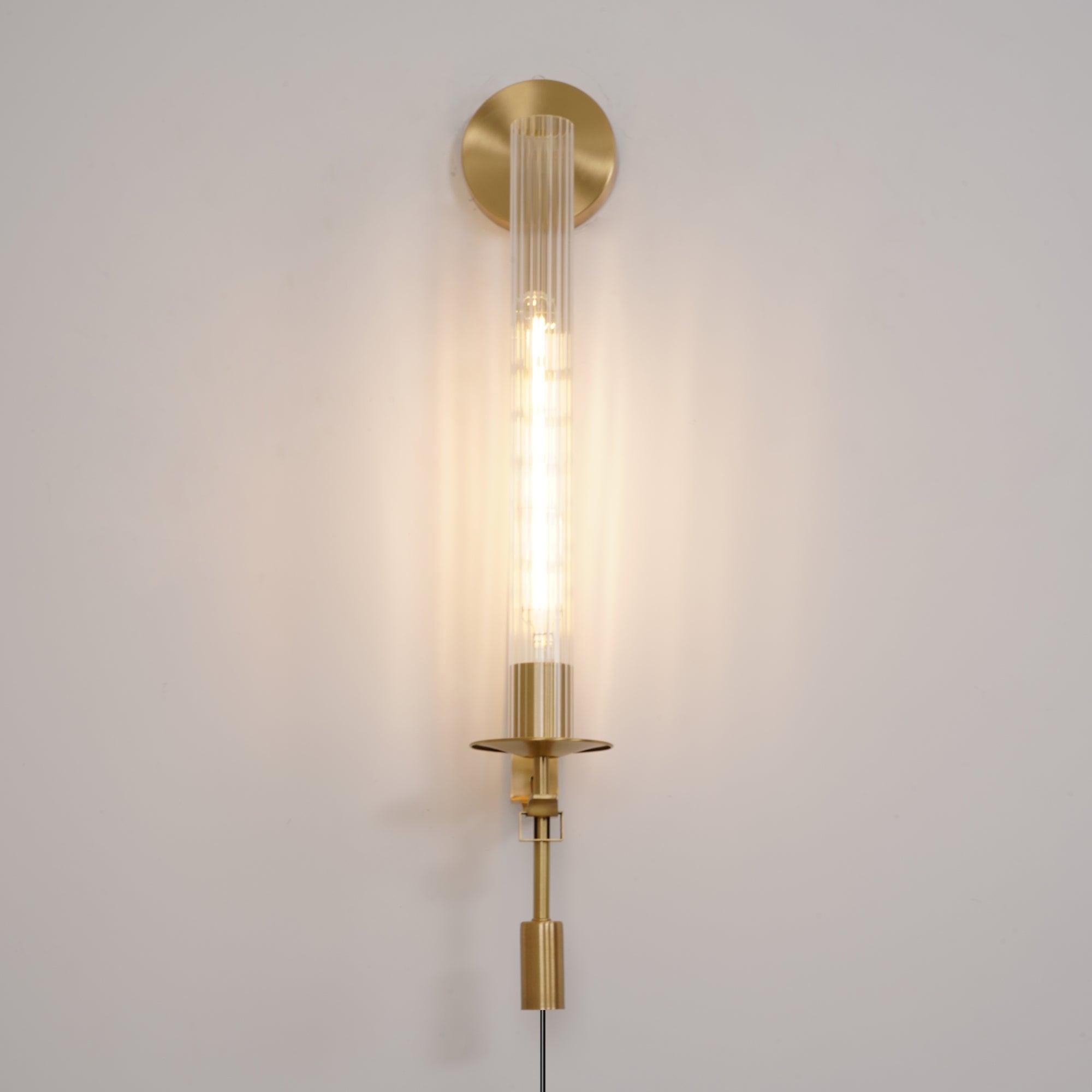 French Classic Brass Wall Sconce with Clear Ribbed Glass and Plug In Cord for Bedroom