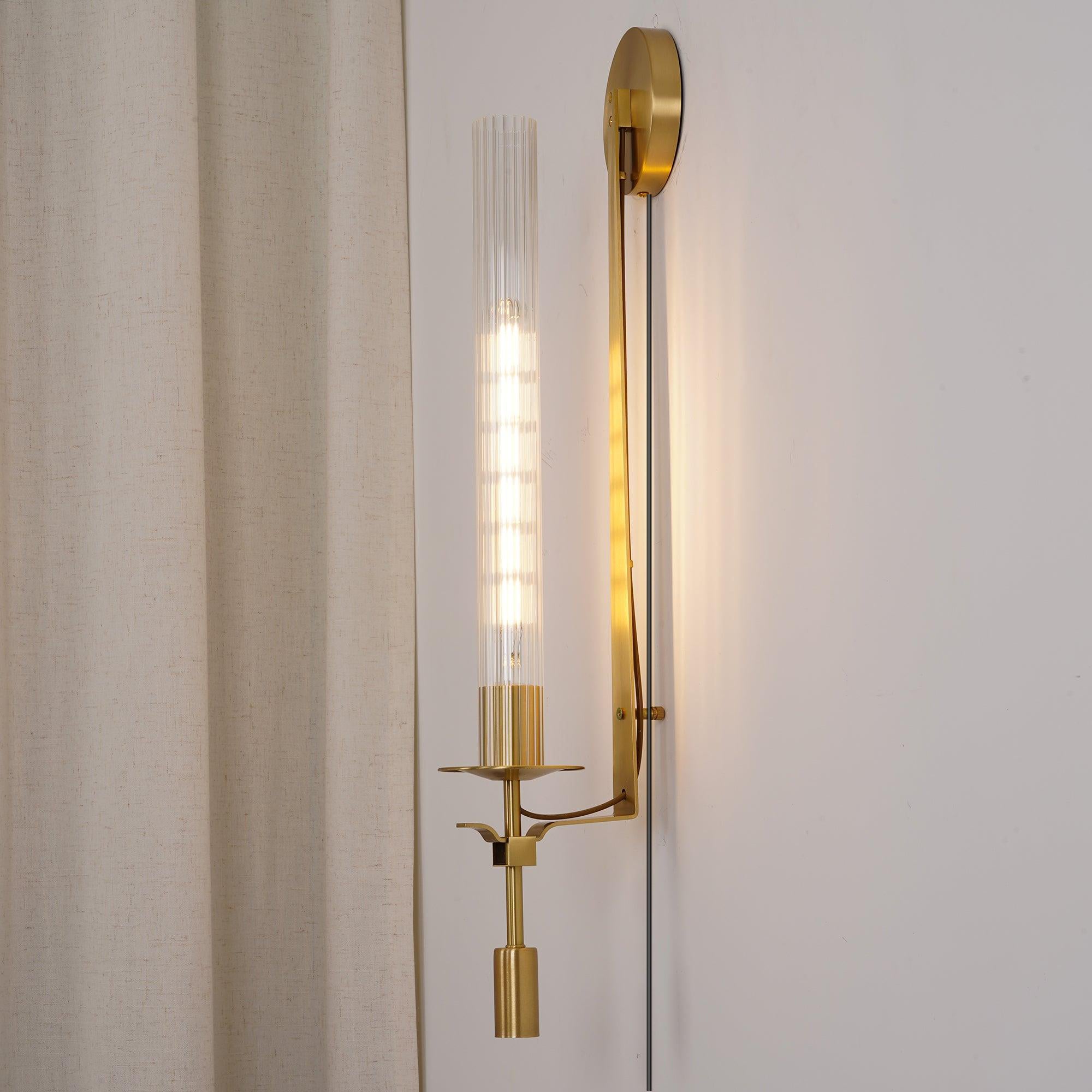 French Classic Brass Wall Sconce with Clear Ribbed Glass and Plug In Cord for Bedroom