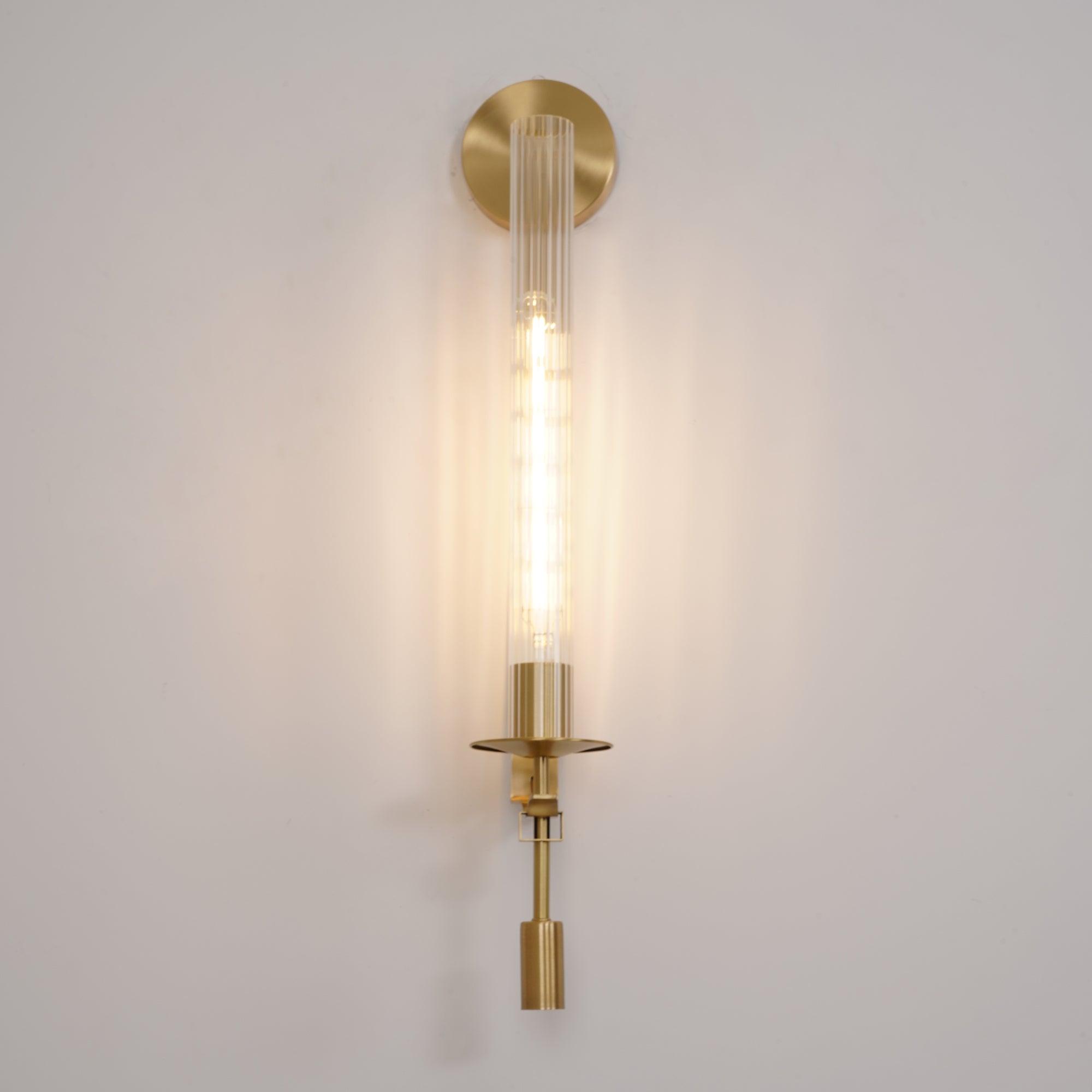 French Classic Brass Wall Sconce with Clear Ribbed Glass and Plug In Cord for Bedroom