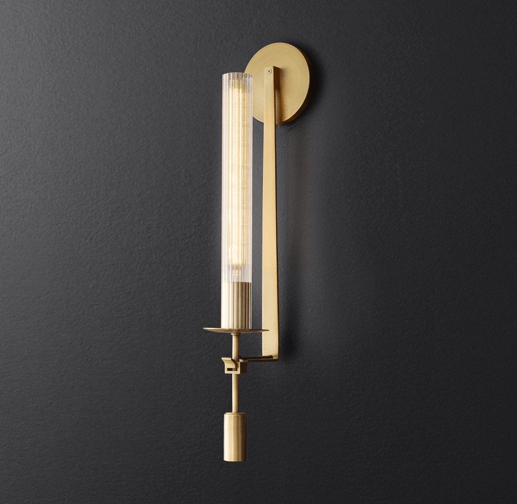 French Classic Brass Wall Sconce with Clear Ribbed Glass and Plug In Cord for Bedroom