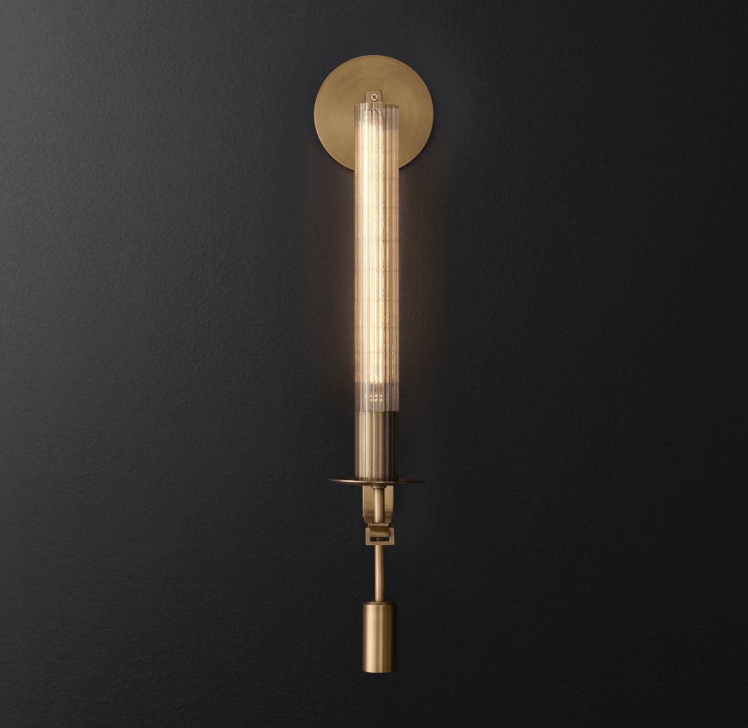 French Classic Brass Wall Sconce with Clear Ribbed Glass and Plug In Cord for Bedroom