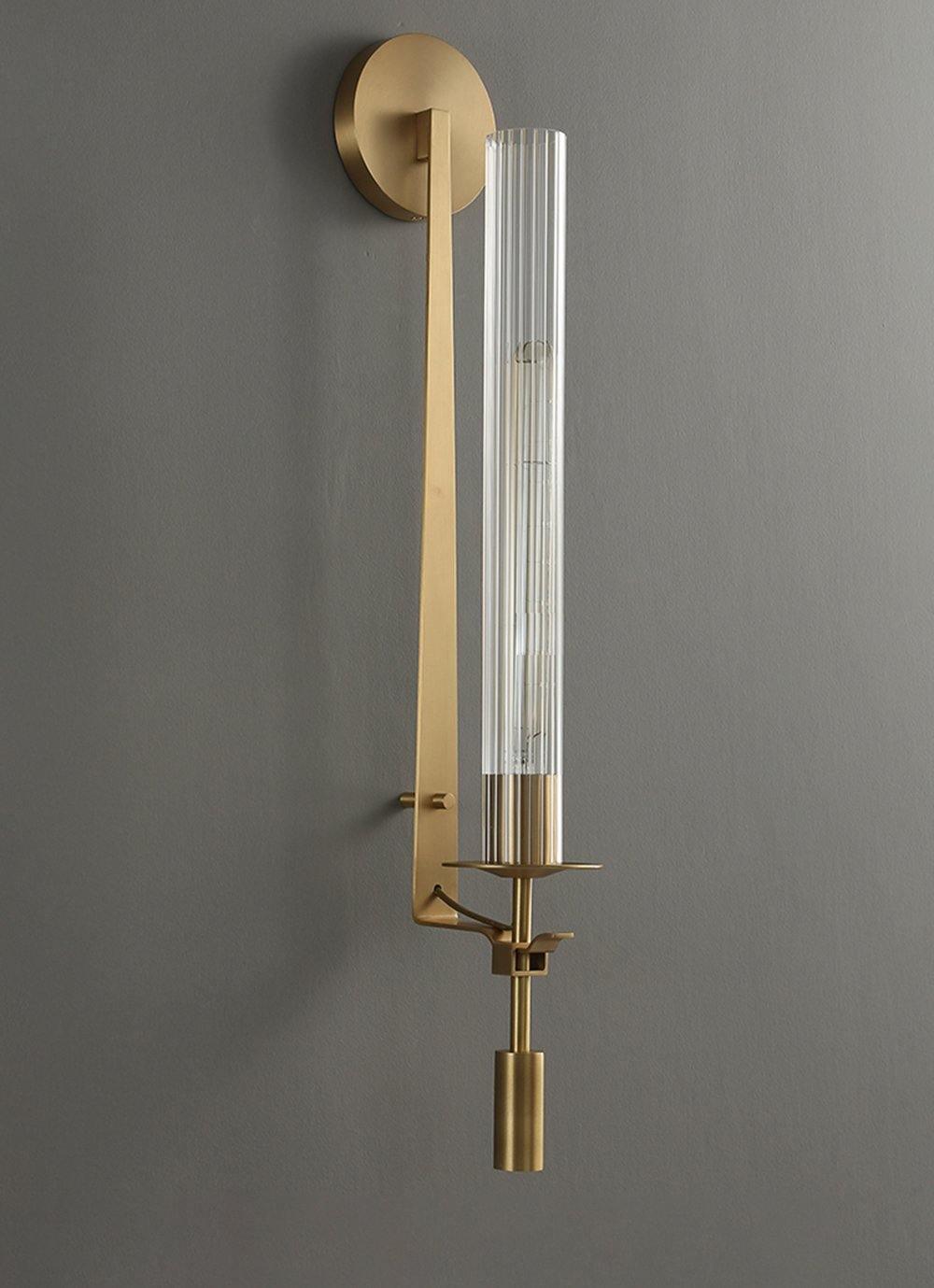French Classic Brass Wall Sconce with Clear Ribbed Glass and Plug In Cord for Bedroom
