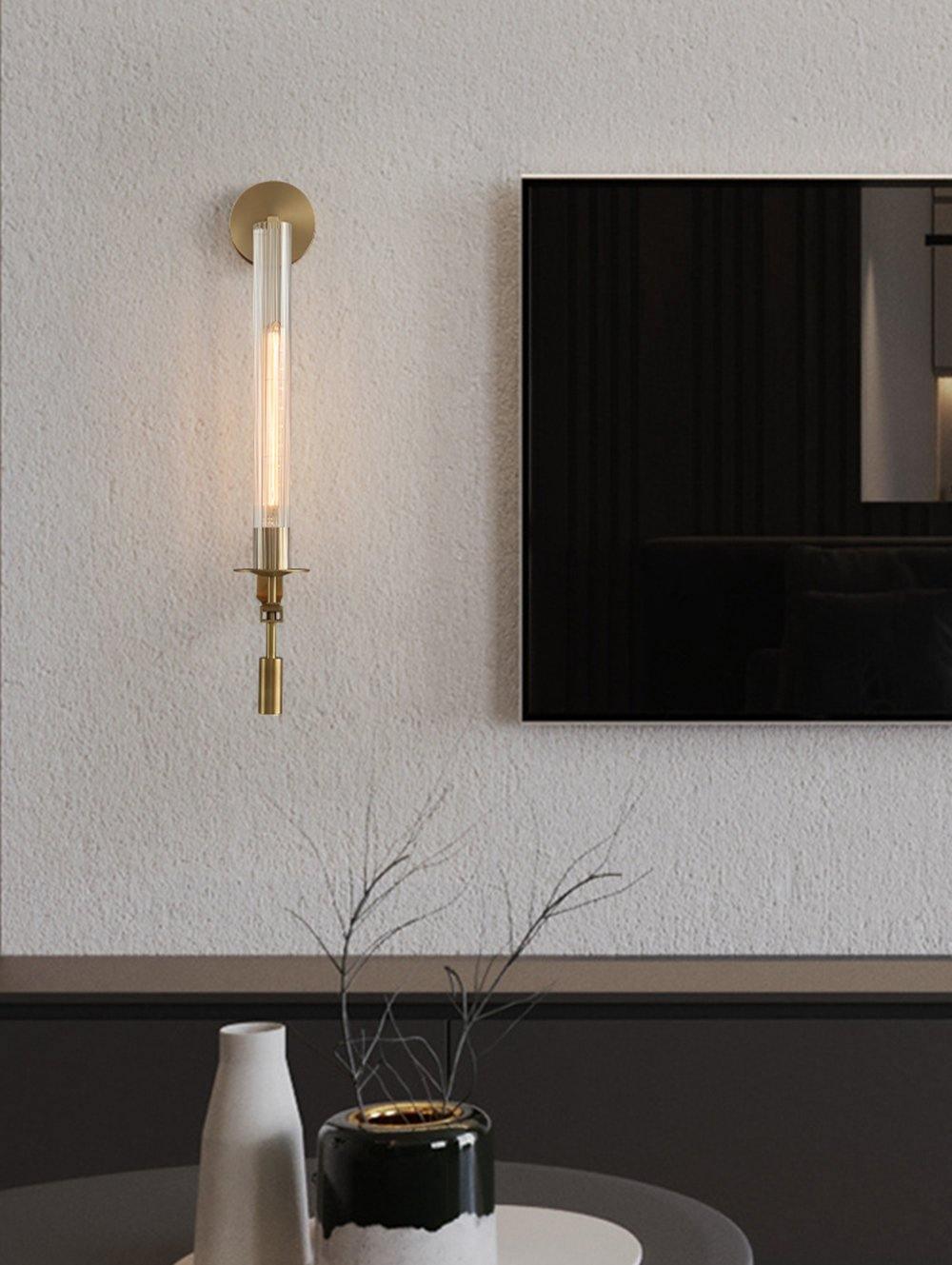French Classic Brass Wall Sconce with Clear Ribbed Glass and Plug In Cord for Bedroom