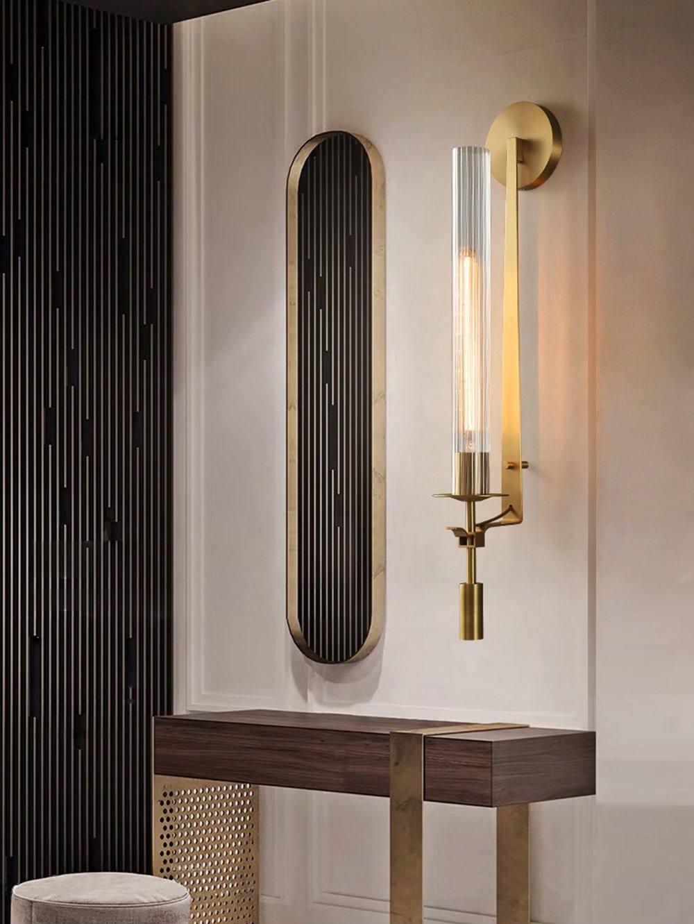 French Classic Brass Wall Sconce with Clear Ribbed Glass and Plug In Cord for Bedroom
