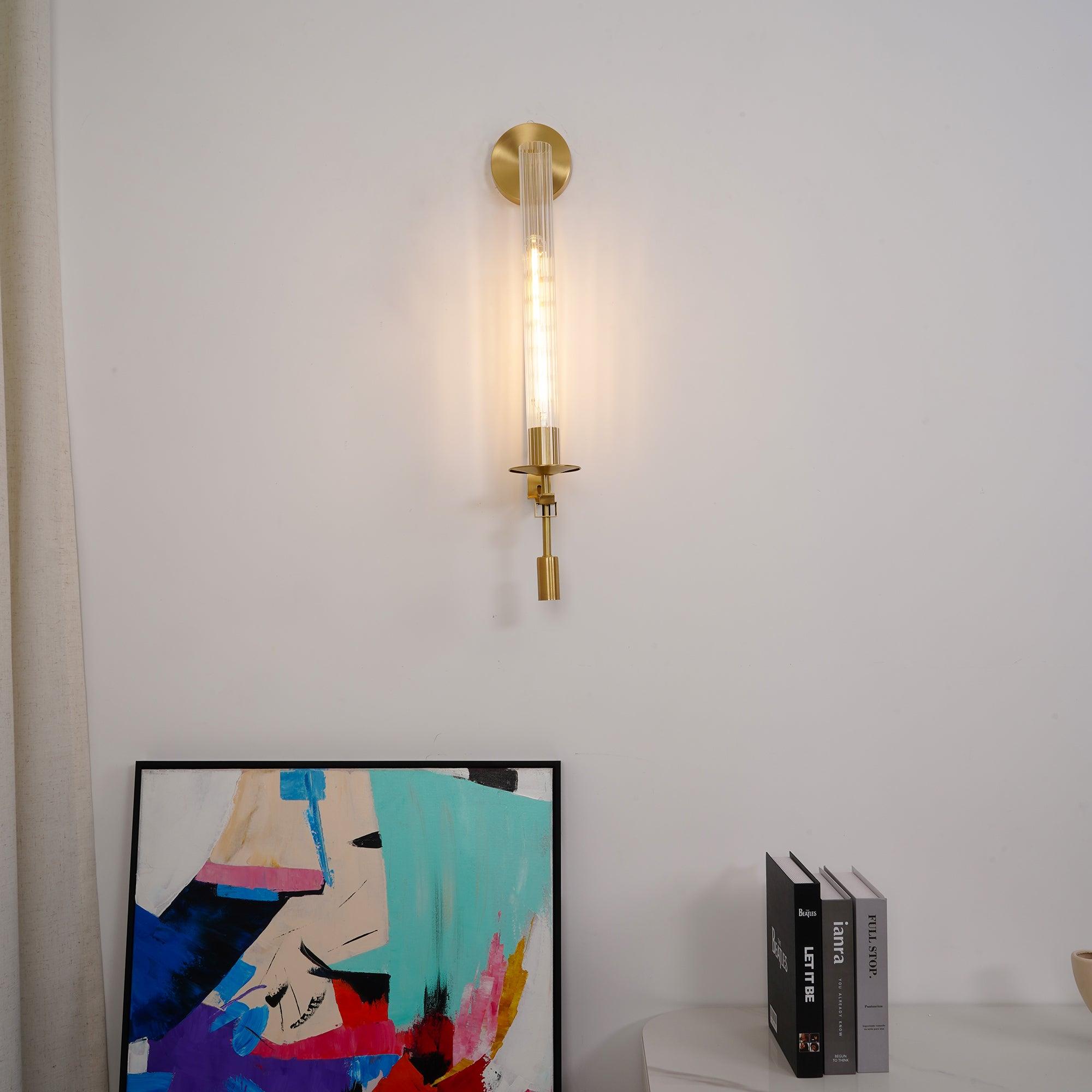 French Classic Brass Wall Sconce with Clear Ribbed Glass and Plug In Cord for Bedroom