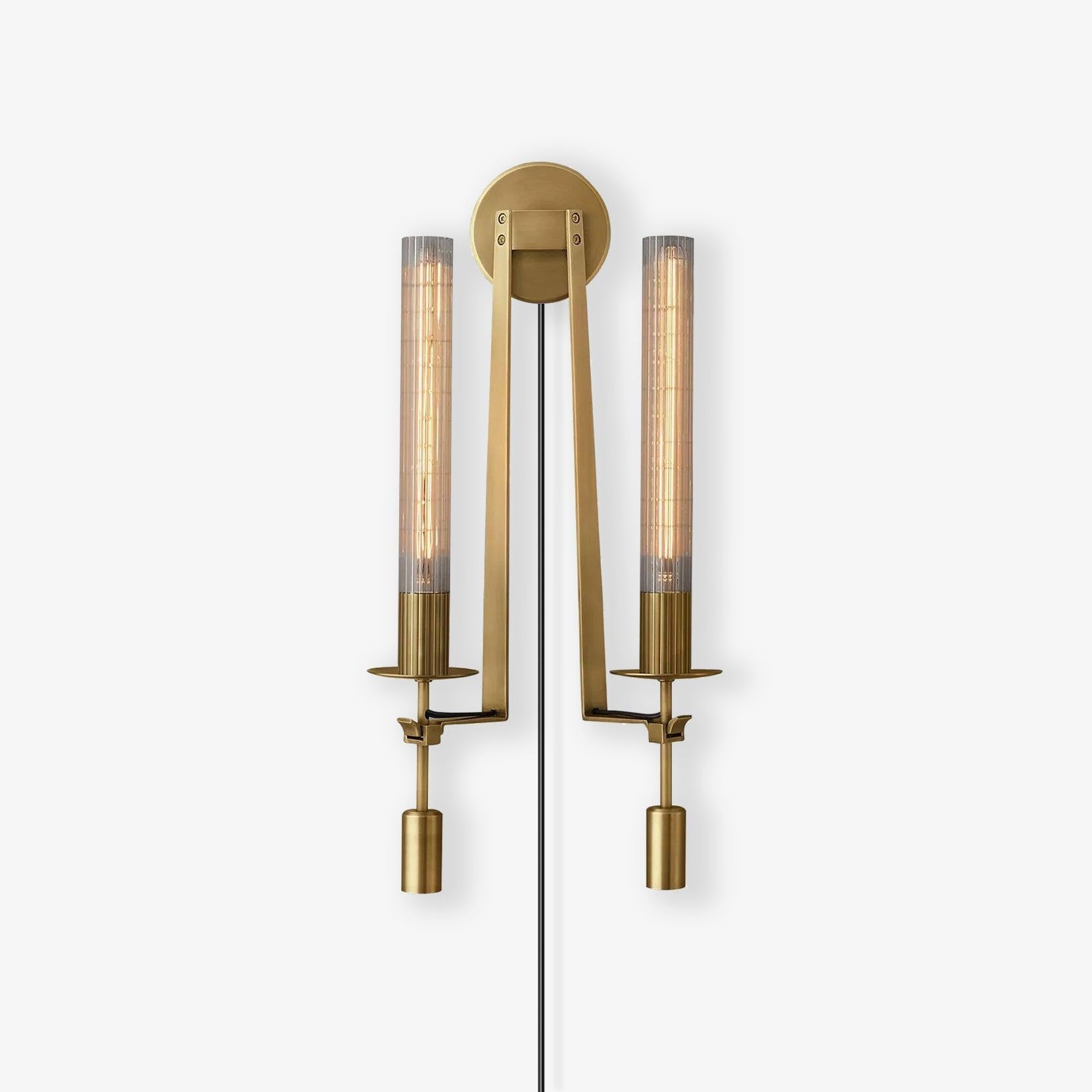 French Classic Brass Wall Sconce with Clear Ribbed Glass and Plug In Cord for Bedroom