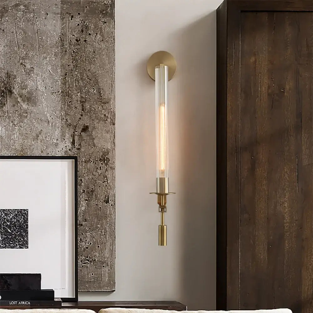 French Classic Brass Wall Sconce with Clear Ribbed Glass and Plug In Cord for Bedroom