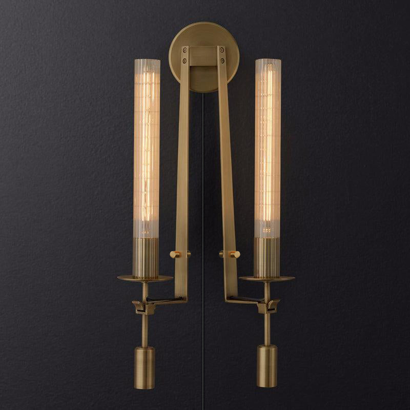French Classic Brass Wall Sconce with Clear Ribbed Glass and Plug In Cord for Bedroom