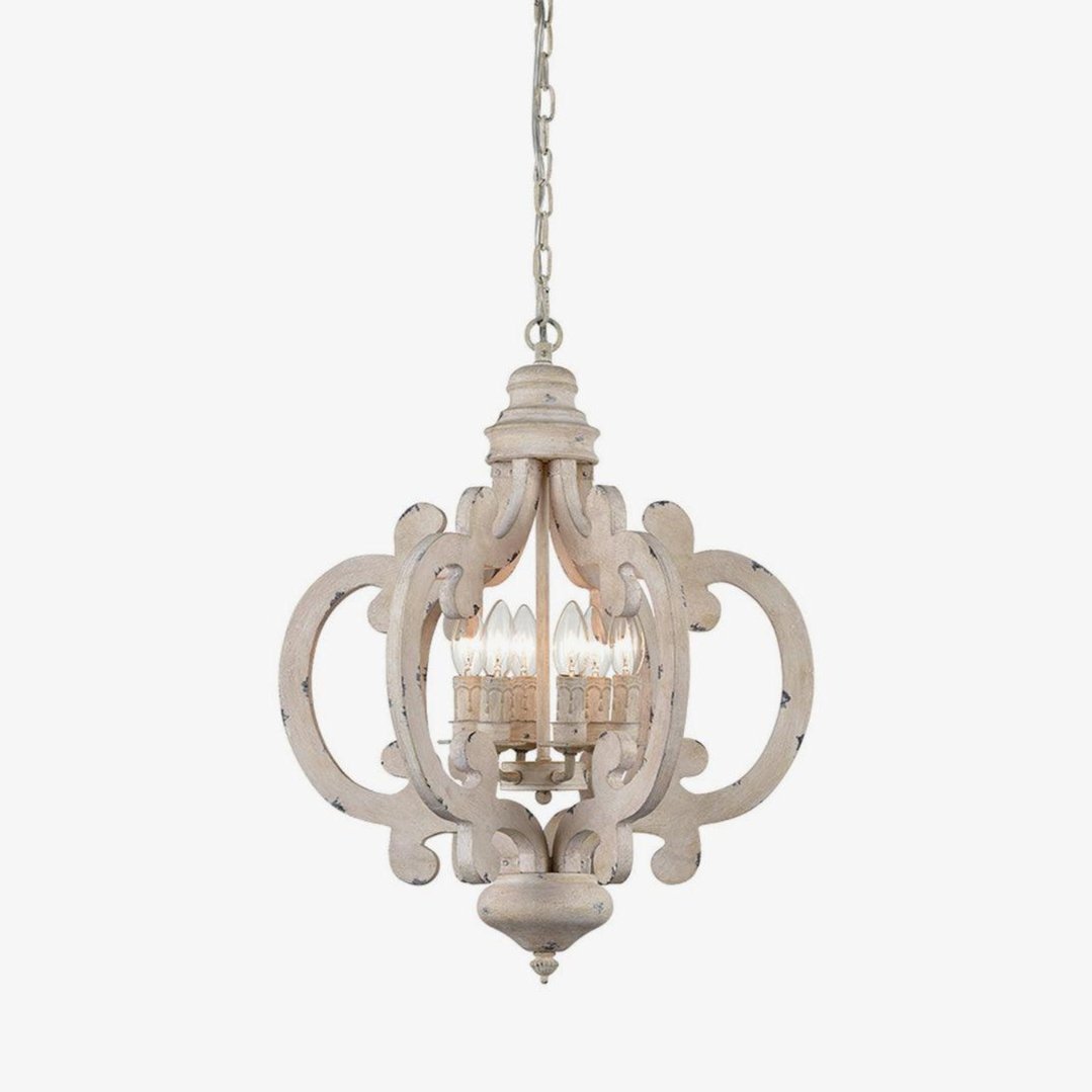 French Country Antique White Wood and Metal Lantern Chandelier 6 Light Pendant