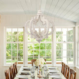 French Country Antique White Wood and Metal Lantern Chandelier 6 Light Pendant