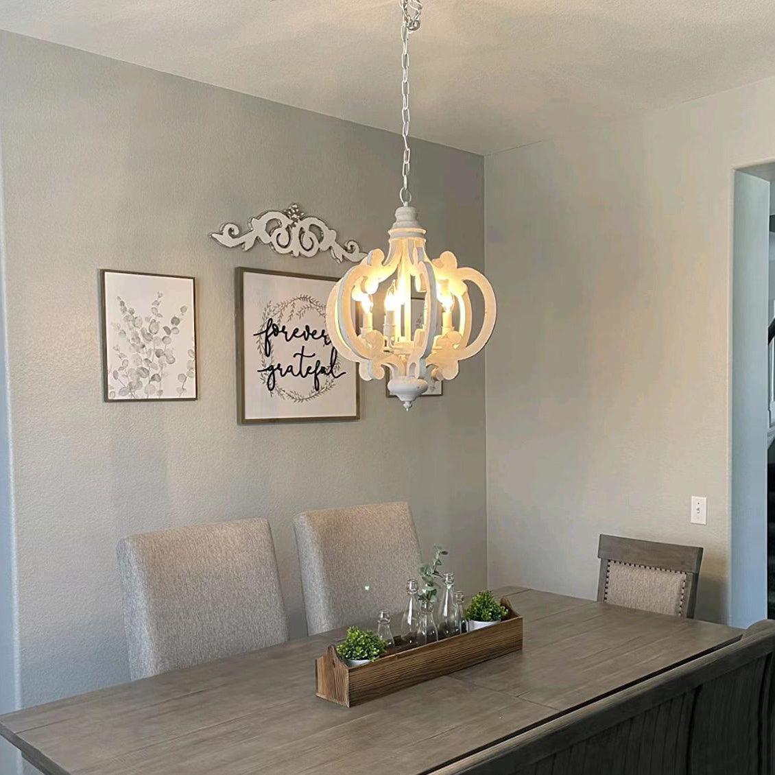 French Country Antique White Wood and Metal Lantern Chandelier 6 Light Pendant