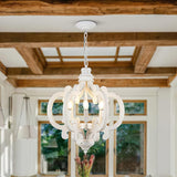 French Country Antique White Wood and Metal Lantern Chandelier 6 Light Pendant