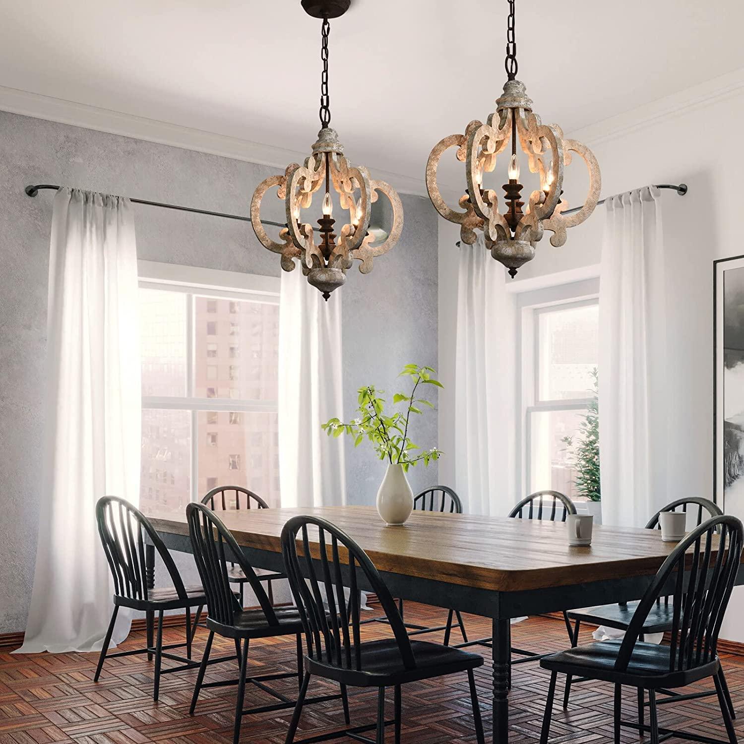 French Country Antique White Wood and Metal Lantern Chandelier 6 Light Pendant