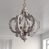French Country Antique White Wood and Metal Lantern Chandelier 6 Light Pendant