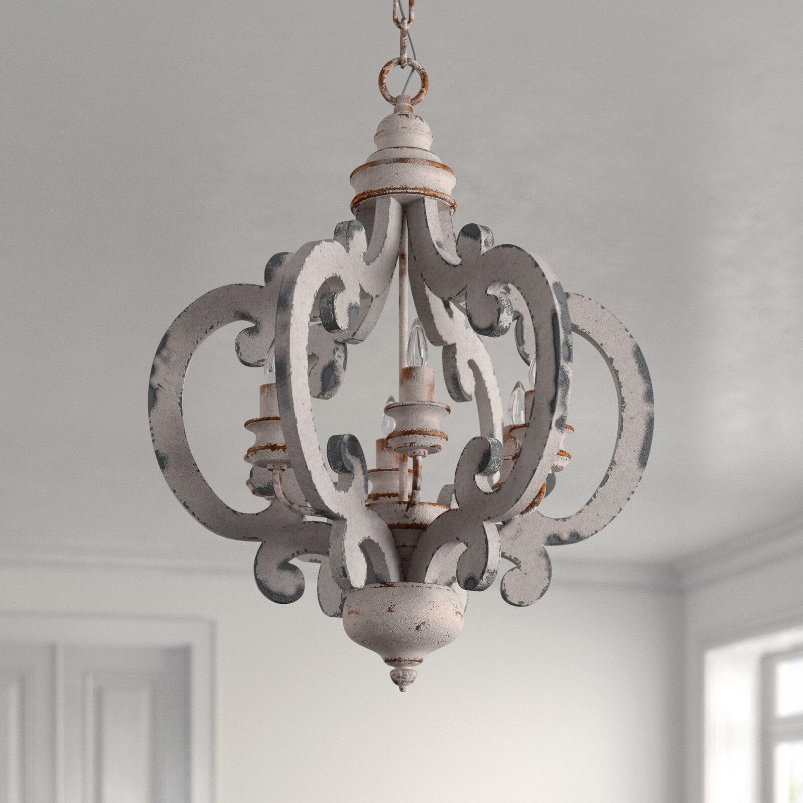 French Country Antique White Wood and Metal Lantern Chandelier 6 Light Pendant