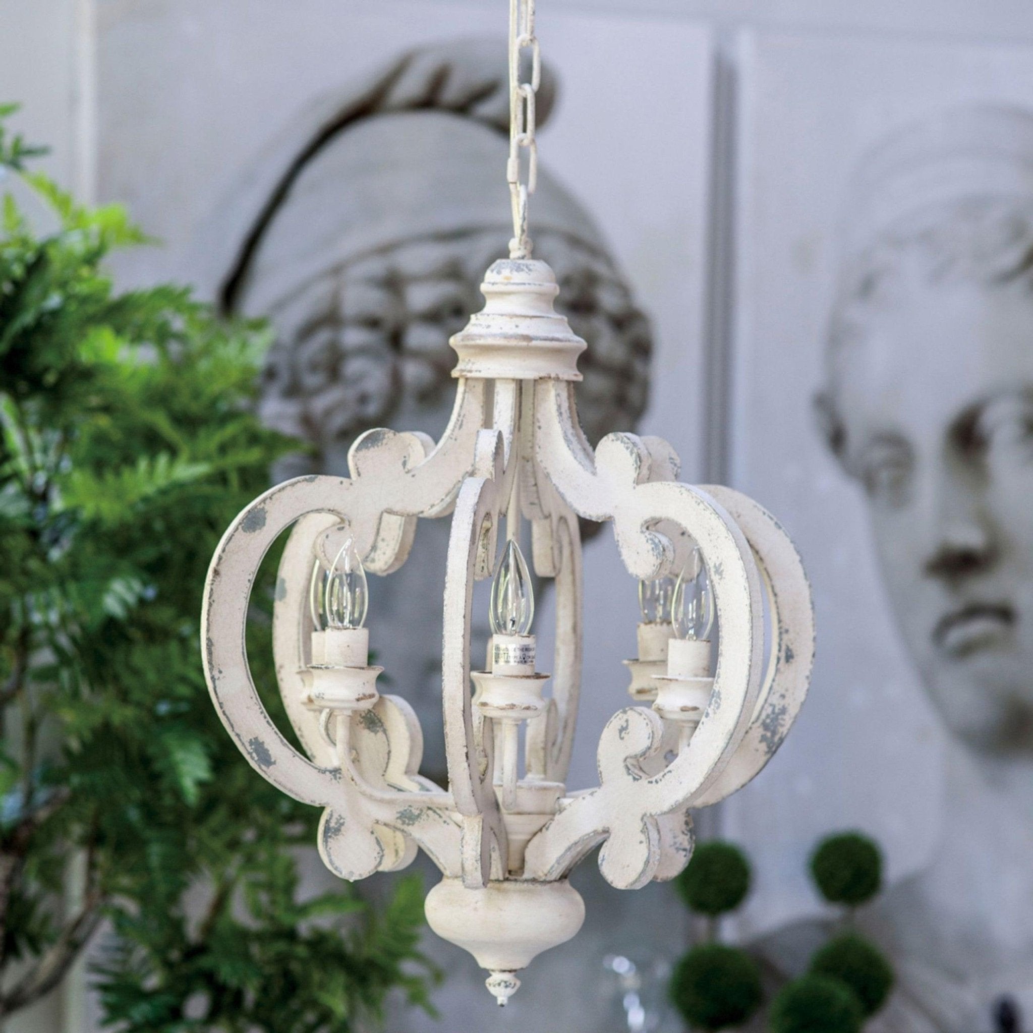 French Country Antique White Wood and Metal Lantern Chandelier 6 Light Pendant