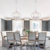 French Country Antique White Wood and Metal Lantern Chandelier 6 Light Pendant
