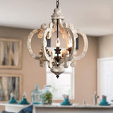 French Country Antique White Wood and Metal Lantern Chandelier 6 Light Pendant
