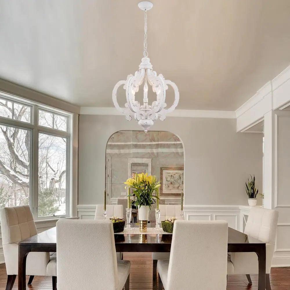 French Country Antique White Wood and Metal Lantern Chandelier 6 Light Pendant