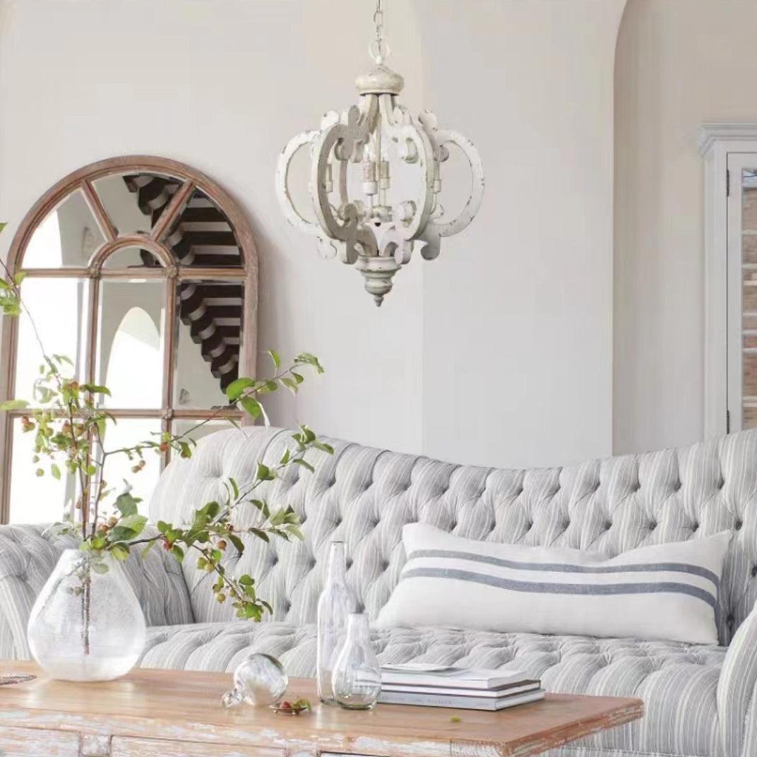 French Country Antique White Wood and Metal Lantern Chandelier 6 Light Pendant