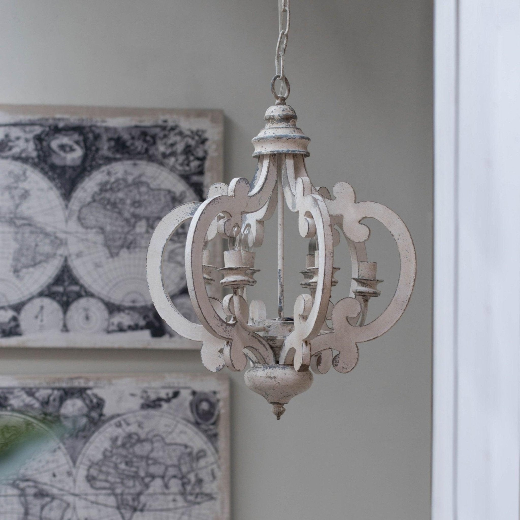French Country Antique White Wood and Metal Lantern Chandelier 6 Light Pendant