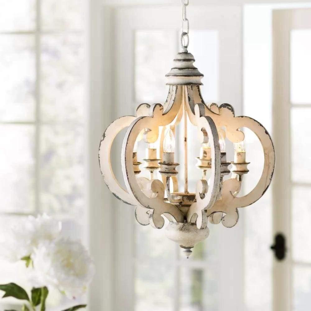 French Country Antique White Wood and Metal Lantern Chandelier 6 Light Pendant