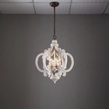 French Country Antique White Wood and Metal Lantern Chandelier 6 Light Pendant