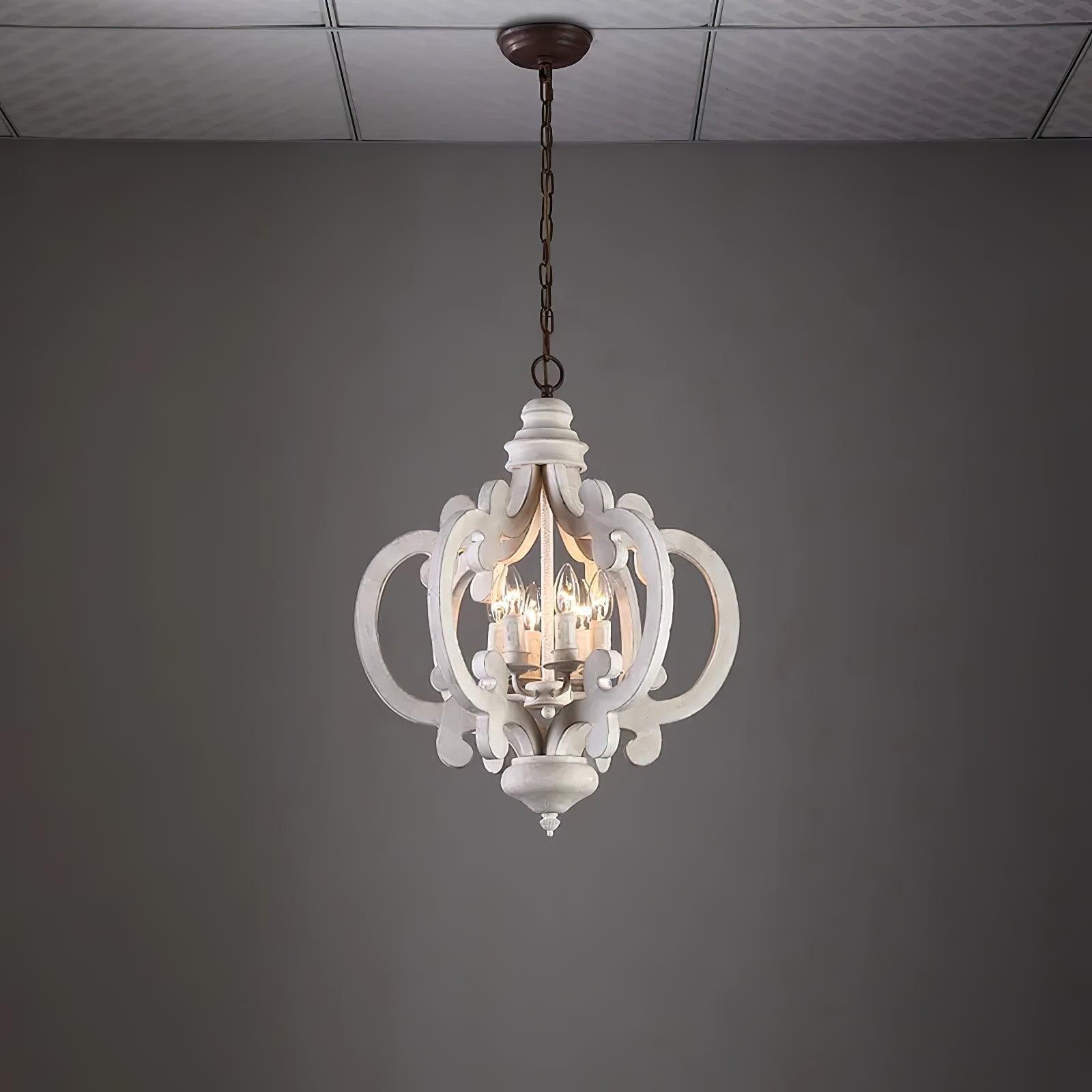 French Country Antique White Wood and Metal Lantern Chandelier 6 Light Pendant