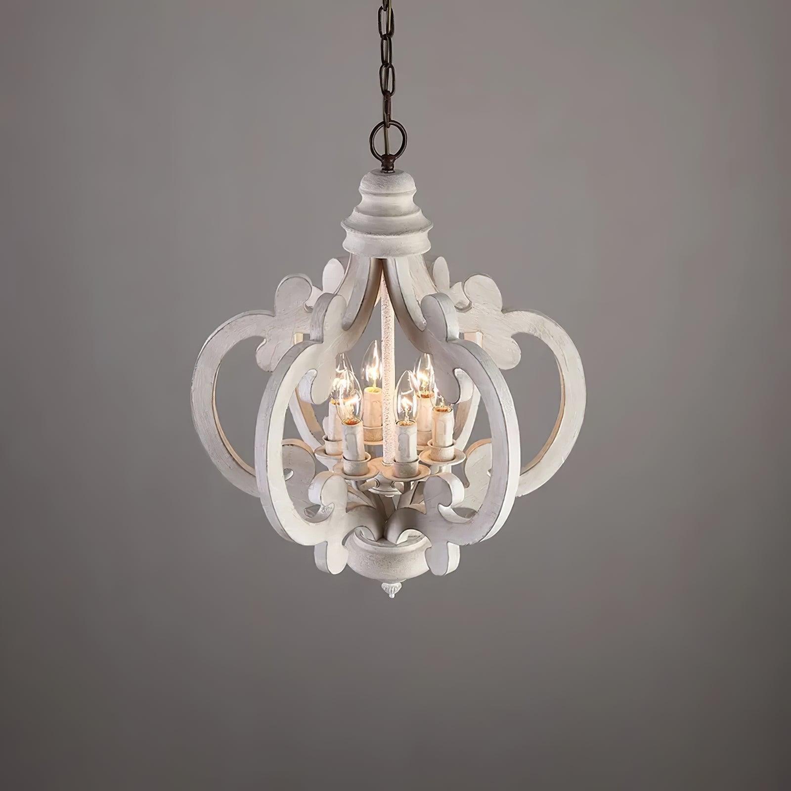 French Country Antique White Wood and Metal Lantern Chandelier 6 Light Pendant
