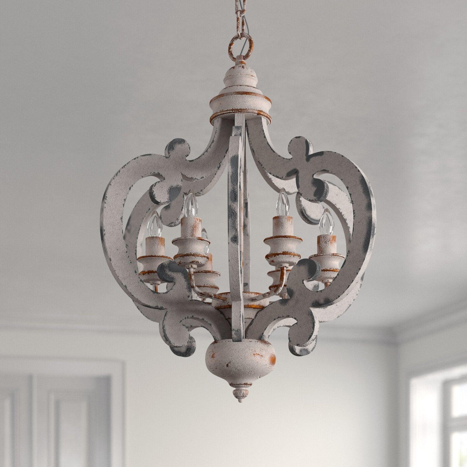 French Country Antique White Wood and Metal Lantern Chandelier 6 Light Pendant