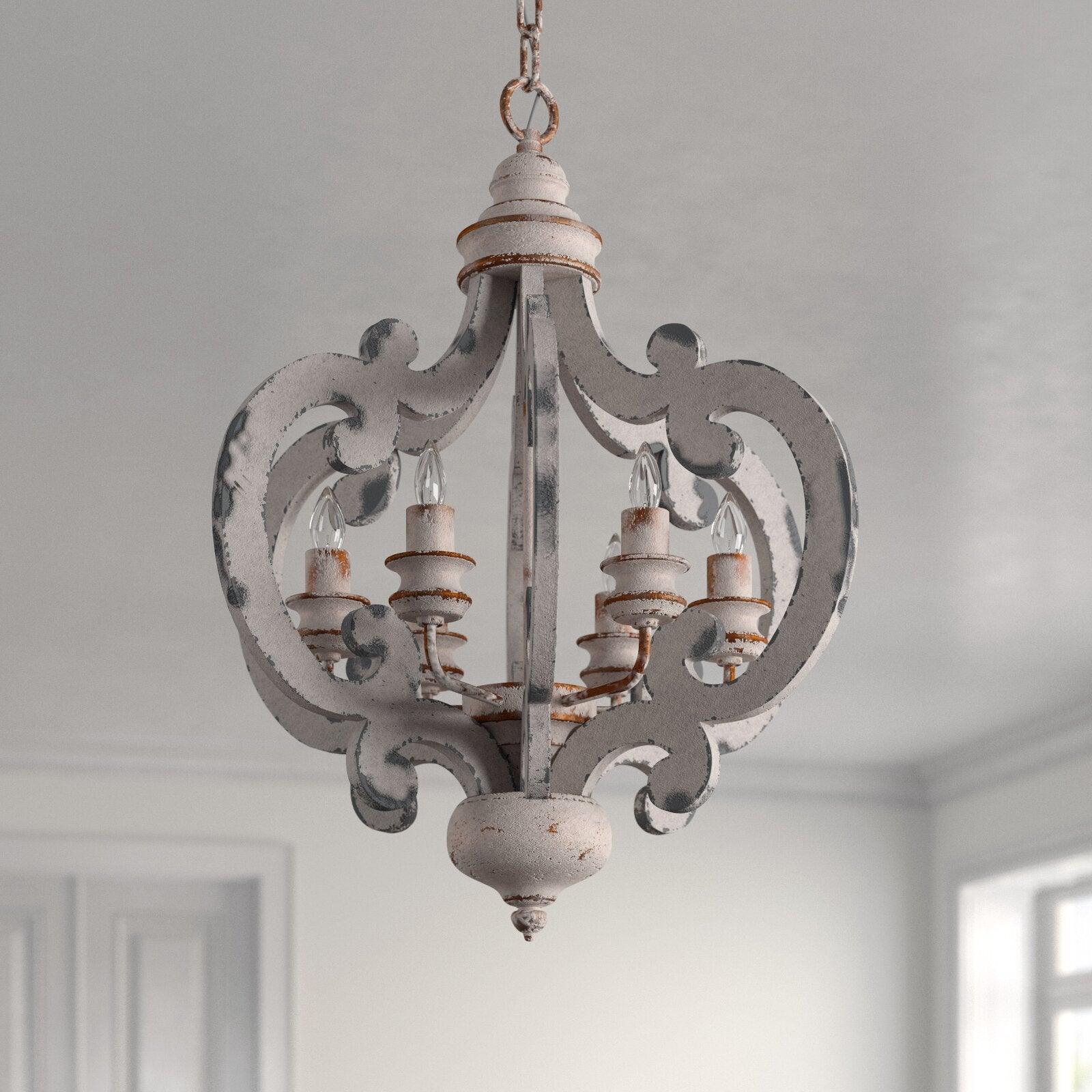 French Country Antique White Wood and Metal Lantern Chandelier 6 Light Pendant