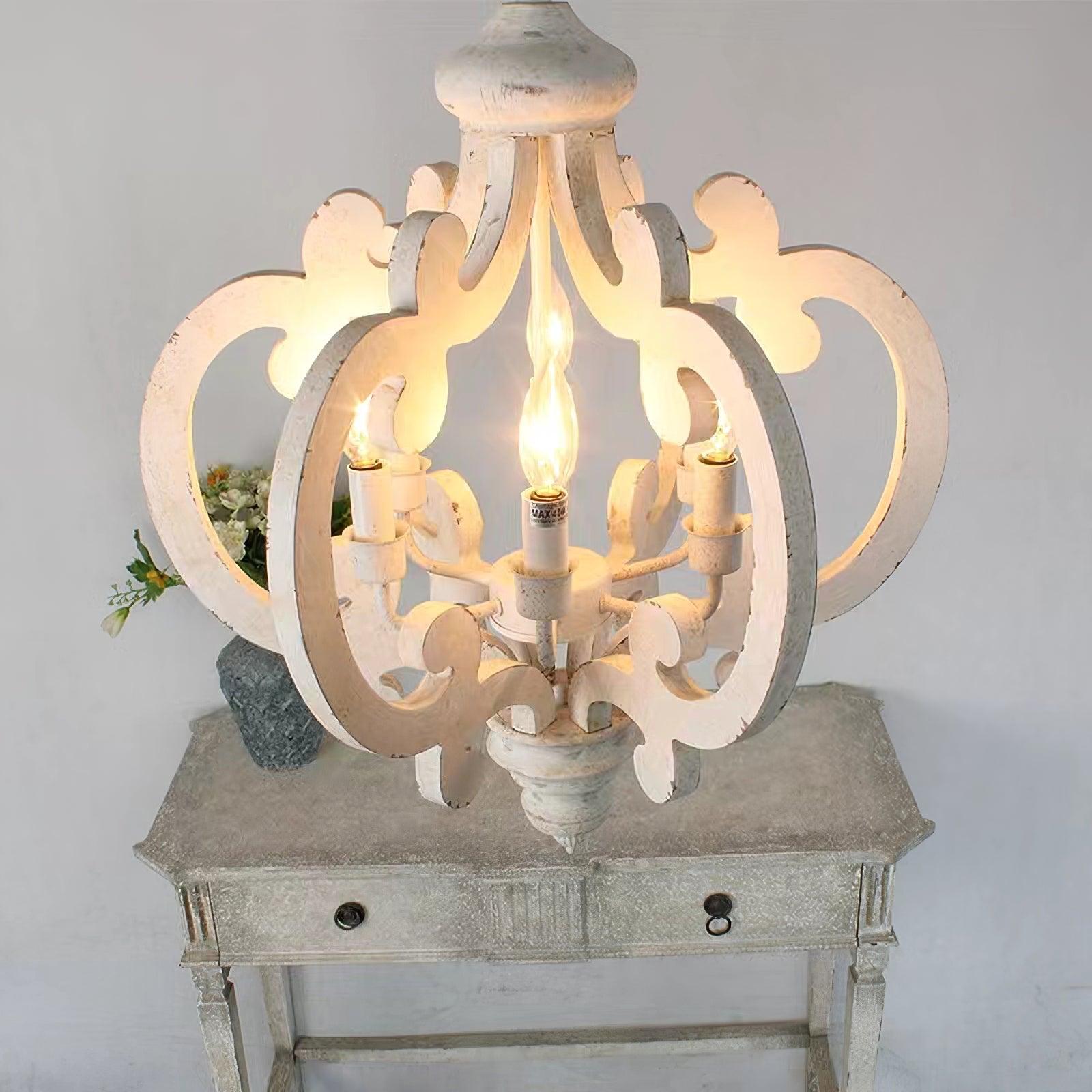 French Country Antique White Wood and Metal Lantern Chandelier 6 Light Pendant
