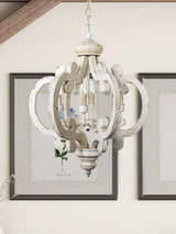 French Country Antique White Wood and Metal Lantern Chandelier 6 Light Pendant