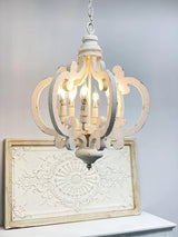 French Country Antique White Wood and Metal Lantern Chandelier 6 Light Pendant