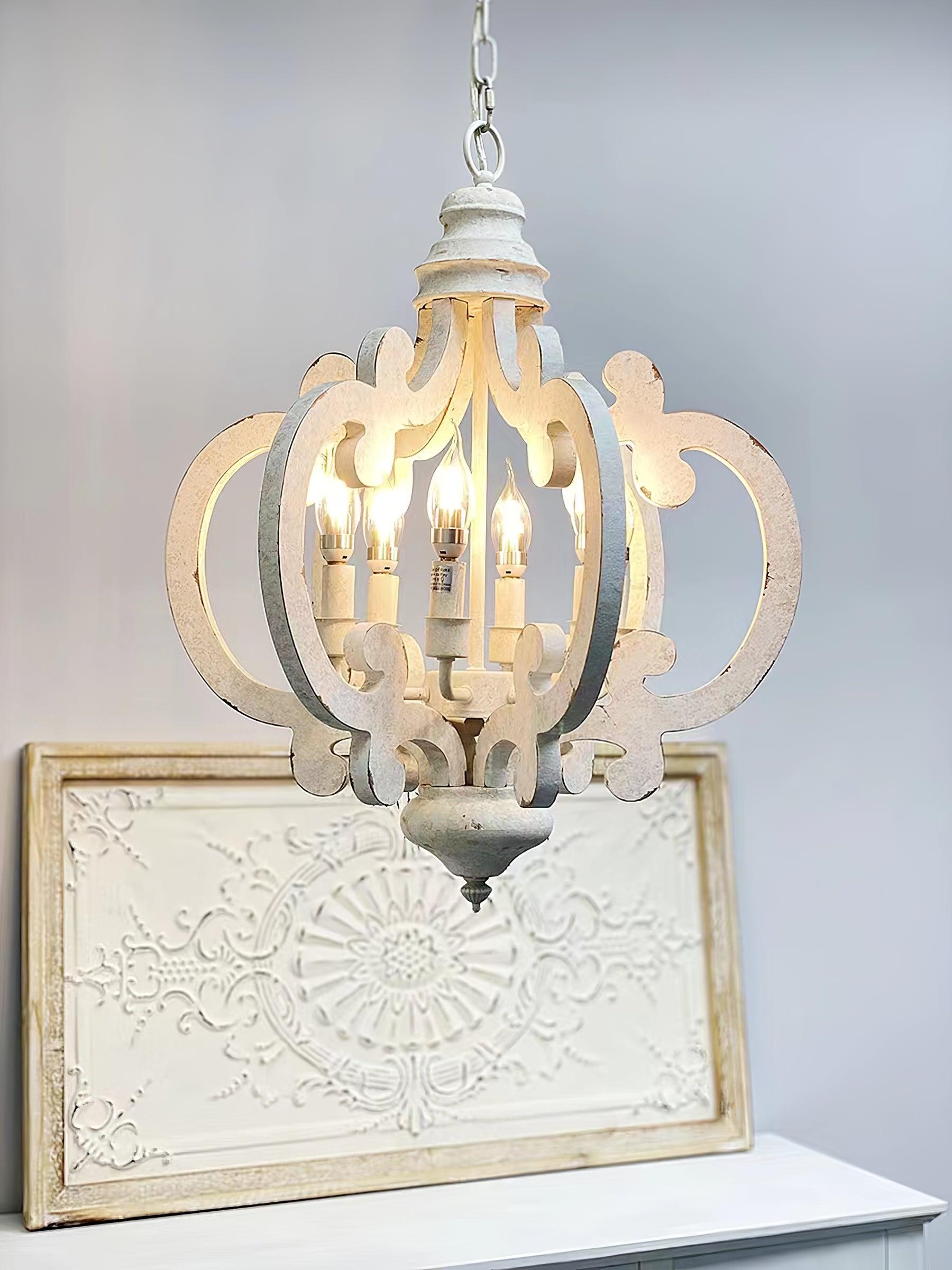 French Country Antique White Wood and Metal Lantern Chandelier 6 Light Pendant