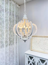 French Country Antique White Wood and Metal Lantern Chandelier 6 Light Pendant