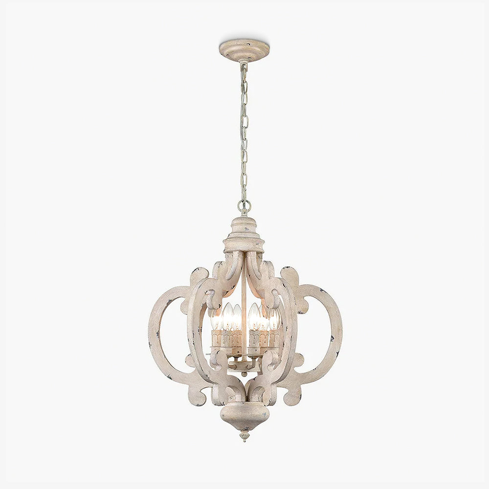 French Country Antique White Wood and Metal Lantern Chandelier 6 Light Pendant