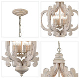 French Country Antique White Wood and Metal Lantern Chandelier 6 Light Pendant