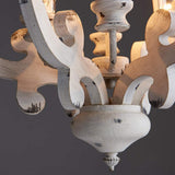 French Country Antique White Wood and Metal Lantern Chandelier 6 Light Pendant