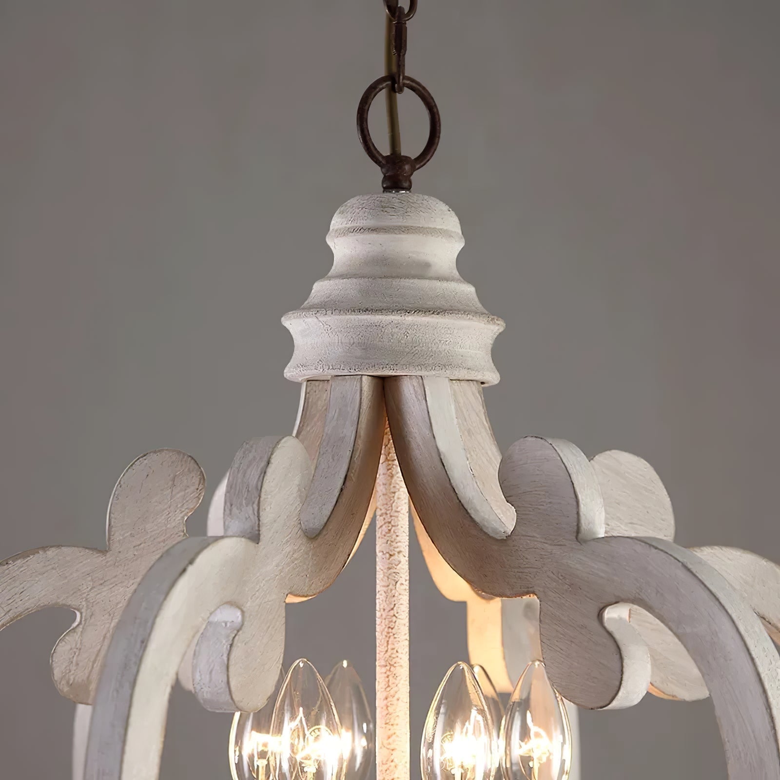 French Country Antique White Wood and Metal Lantern Chandelier 6 Light Pendant