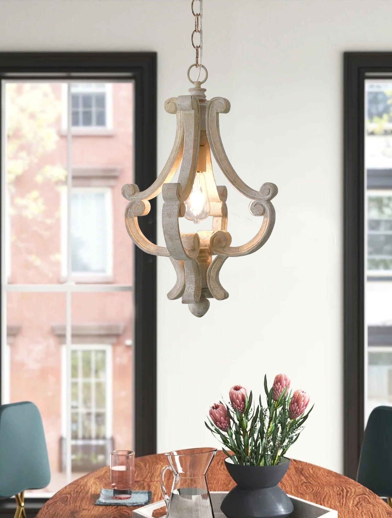 French Country Style Lantern Chandelier Wood Metal Pendant Light for Dining Room Entryway